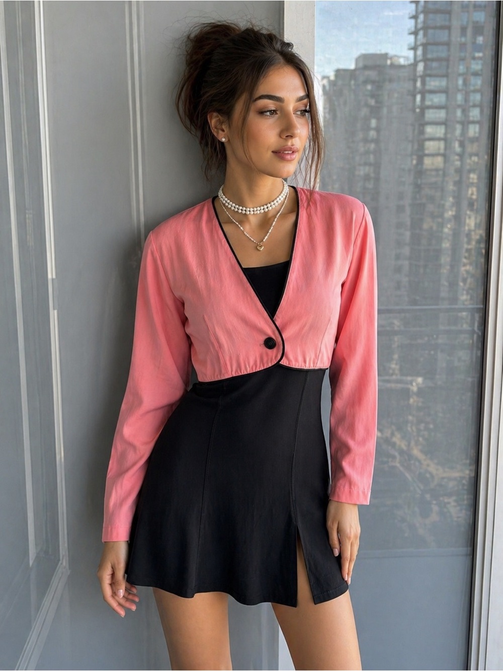 80s Vintage  salmon pink and black cropped cardigan  with a button closure